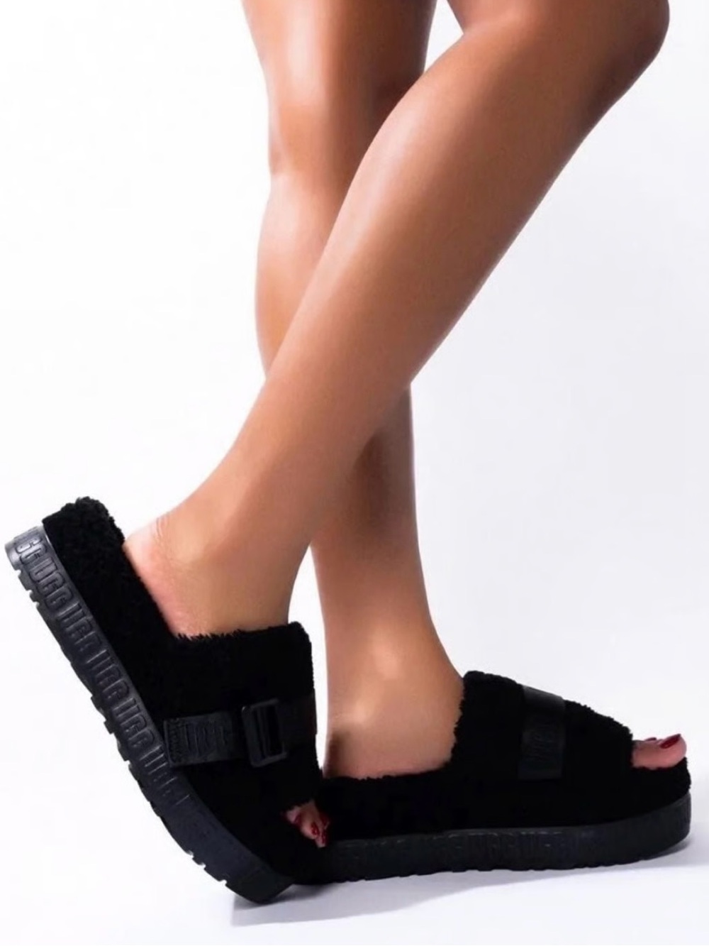 UGG Black Fluffita Flatform Curly Sherp Slide Sandals with Adjustable Buckle.9 - Picture 1 of 10